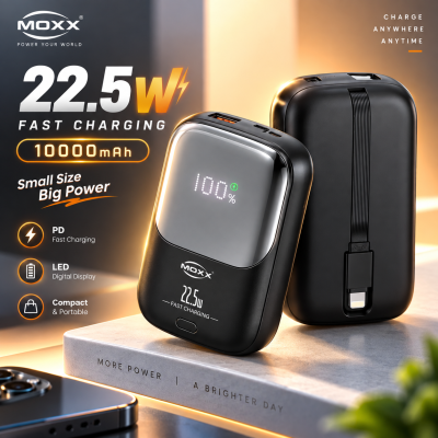 Moxx MP-02 22.5W PD & QC 10000mAh Fast Charging Power Bank – Dual Inputs (Micro & Type-C), Multi-Port Output, Smart LED Display & Compact Portable Design